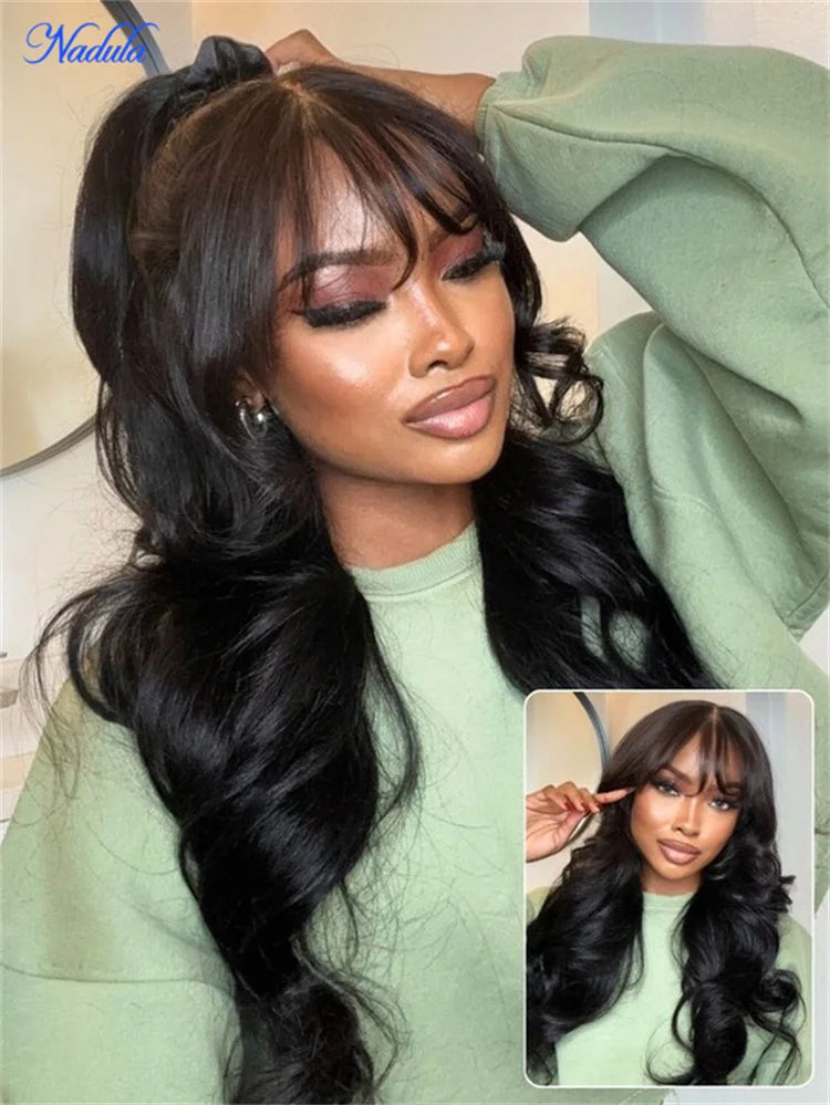 Nadula Hair 3D Body Wave Bangs Drawstring Glueless Human Hair Wig 7x5 Bye Bye Knots Glueless Wig Human Hair Ready to Wear 180%
