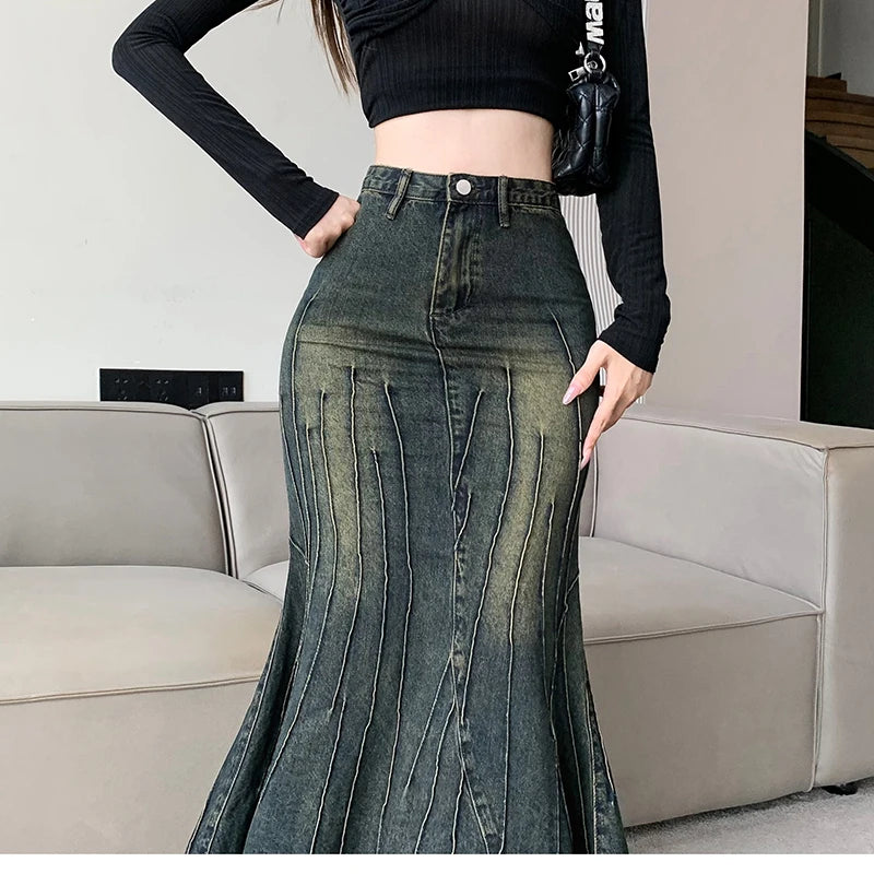 Vintage Ripped Women Mermaid Skirt 2026 New Fashion Y2K Streetwear Jeans Skirts Female Retro Casual Irregular Hip Skirts Denim