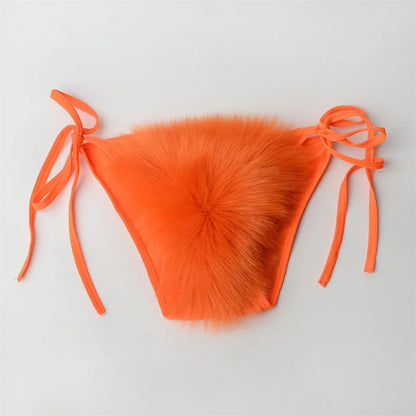 Summer Women Fake Fox Fur Sexy Halter Solid Color Bikini Set Swimsuits Triangle Sexy Bikini Set Faux Fur Swimsuit Plush Swimwear
