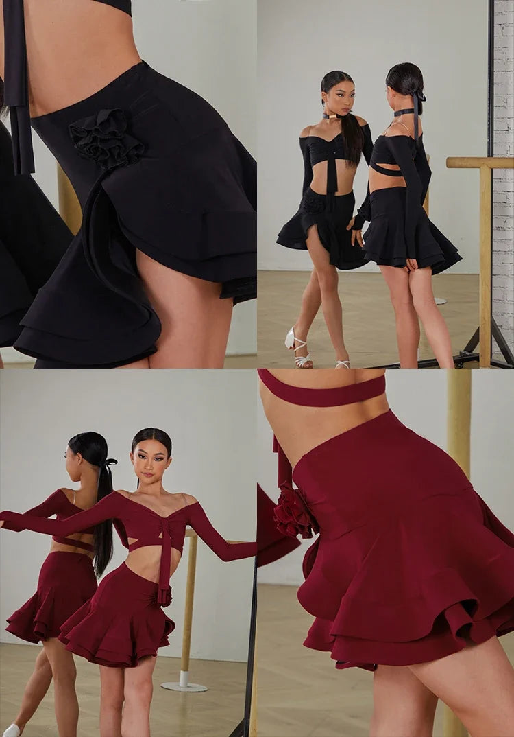 Latin Dance set Clothes Girls Long SLeeves Short Top Skirt Cha cha samba Performance Competition Dress Burgundy Black Dress Kids