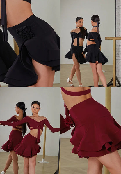 Latin Dance set Clothes Girls Long SLeeves Short Top Skirt Cha cha samba Performance Competition Dress Burgundy Black Dress Kids