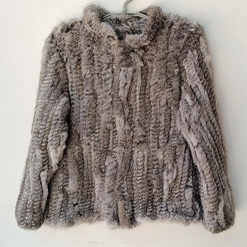 Women Winter Real Rabbit Fur Knitted Coat Female Casual Long Sleeve Genuine Fur Jacket Warm Thick Outwear Femme