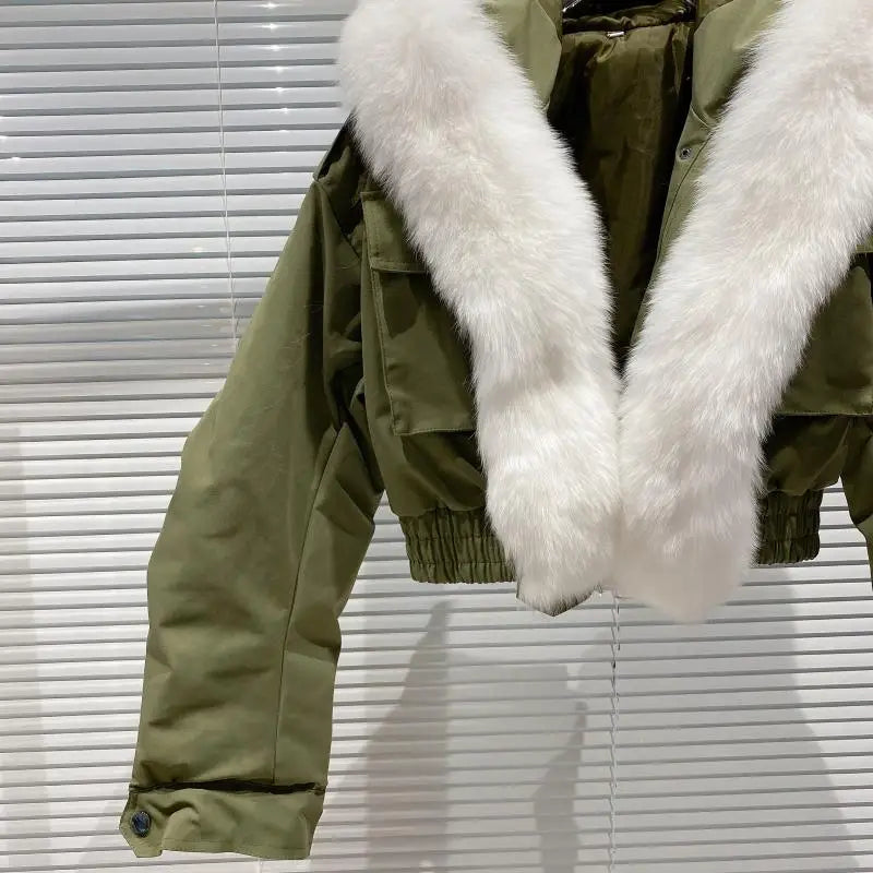 Big Fox Fur Collar Removable Rabbit Liner Short Coat Jacket for Women Winter Elastic Hem Hooded Jackets Wram Fashion Outwear