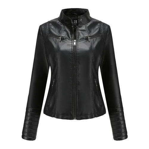 Women's Slim Leather Jacket, Stand-up Collar, Zipper Stitching, Monochromatic Coat, Fashion Clothing, New
