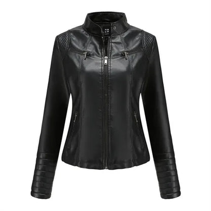 Women's Slim Leather Jacket, Stand-up Collar, Zipper Stitching, Monochromatic Coat, Fashion Clothing, New