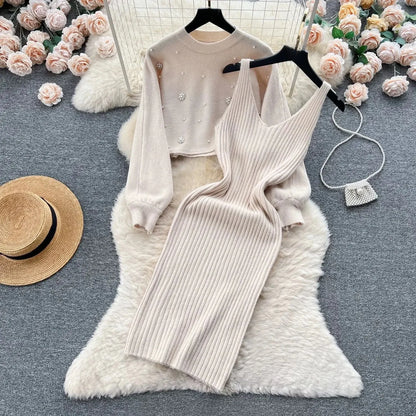 Autumn Winter Slimming Knitted Sweater Dress Set Women's Mid-Length Base Layer Knee-Over Bottoming Dresses Fashionable