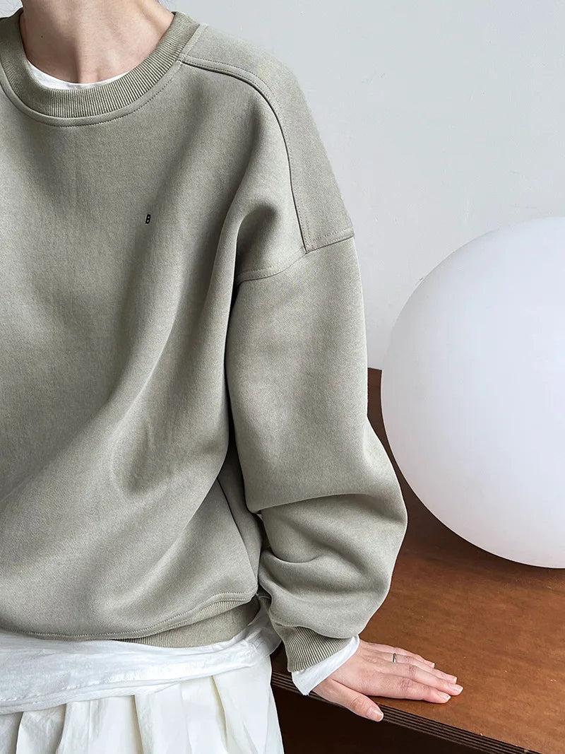 NS Pure Color Lazy Loose BF Hoodie Women's Simple Shape Sweatshirt Long Sleeve Letter Embroidery Top Casual Style Cotton Blend