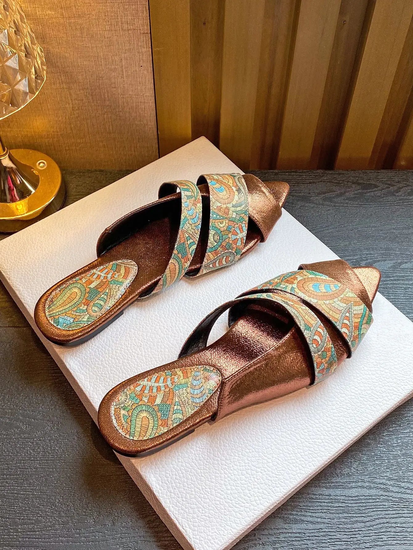 Women's sandals flat pointed Peep Toe slippers totem large size shoe snake pattern stone pattern sandals for women Flat slippers