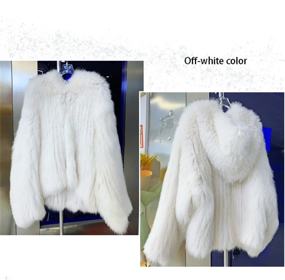 Fox Fur Coat Women's Winter Fashion Warm 100% Fox Fur Coat Hooded Long Sleeved Sweet Women's Luxury Designer Coat