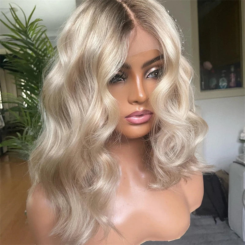 Honey Platinum Blonde Lace Frontal Wigs 13x4 Short Medium Woman"s Wig Glueless Loose Deep Synthetic Hair Mix 5% Human Hair