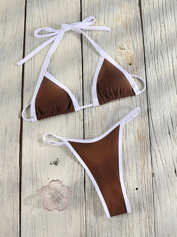 Halter Bordered Swimsuits Women Triangle Bikini 2025 Bandage Swimwear Print Bathing Suit Sexy Biquini Mujer Low Waist Beach Wear