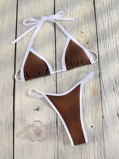 Halter Bordered Swimsuits Women Triangle Bikini 2025 Bandage Swimwear Print Bathing Suit Sexy Biquini Mujer Low Waist Beach Wear