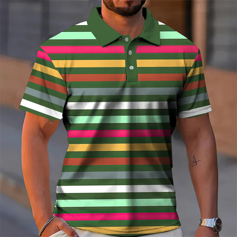 Essential Summer Stripes Polo Shirt Men 3D Print Colors Plaid Button Lapel Golf Shirts Harajuku Streetwear Casual Fashion Tee