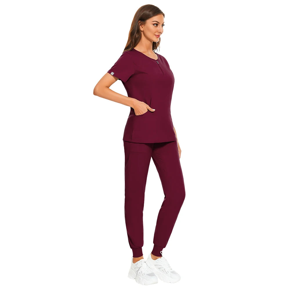 Wholesale 7 Colors Zipper V-neck Short Sleeve Pocket Nursing Working Top Pants Uniform Solid Breathable Soft Women Wear Suit