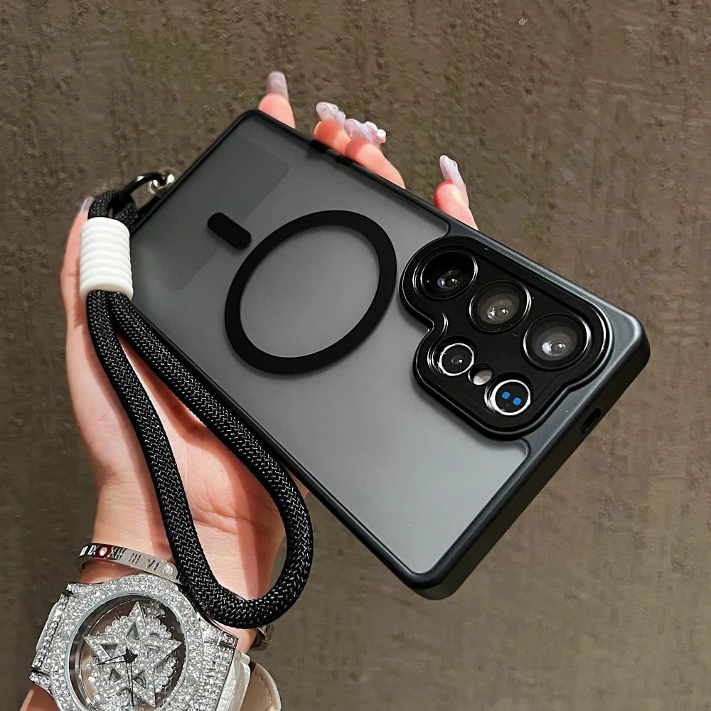 Wrist Strap Cord Magnetic Matte Translucent Armor Case For Samsung S25 Ultra S24 FE S23 Plus For Magsafe Wireless Charge Cover