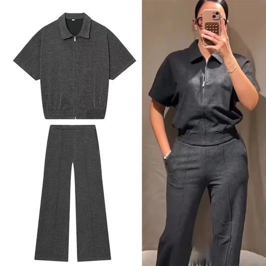 Fashion Pants Sets For Women Summer New Slim Lapel Zipper Short Sleeve Top Wide Leg Pants 2 Piece Set Casual Woman Outfits