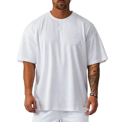 Summer Oversize Loose Sport Men's T-Shirts Outdoor Gym Fitness Bodybuilding Short Sleeve Mesh Breathable Quick Dry Men Clothing