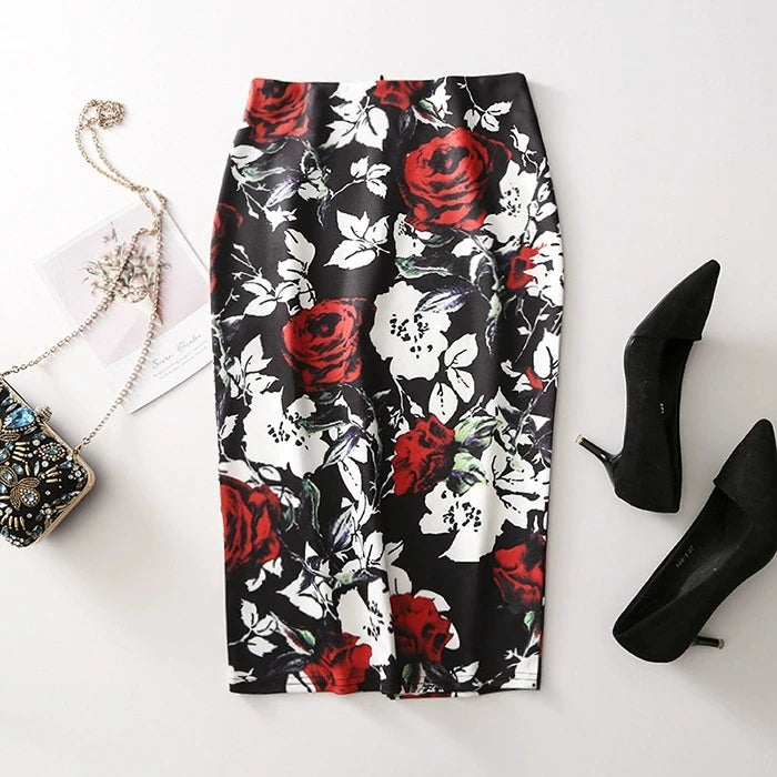 Women Vintage Flower Print Bodycon Skirt Slim Midi Sexy Elegant Pencil Skirt Bag Hip Bandage Skirt Hip Wrap Lolita Short Skirt