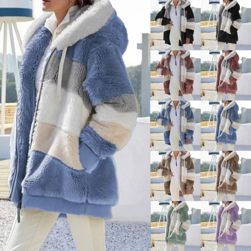 Women's Winter Fuzzy Fleece Jacket Hooded Color Block Patchwork Cardigan Coats Long Sleeve Tunic Coat Outerwear with Pockets