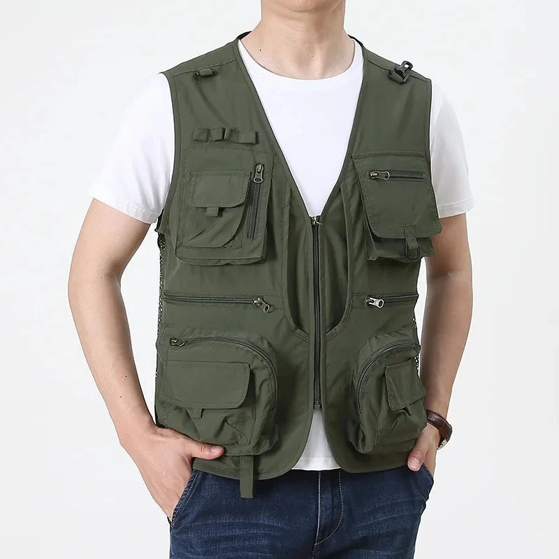 2025 New Men's Vest Tactical Webbed Gear Coat Summer Photographer Waistcoat Tool Many Pocket Mesh Work Sleeveless Jacket Male