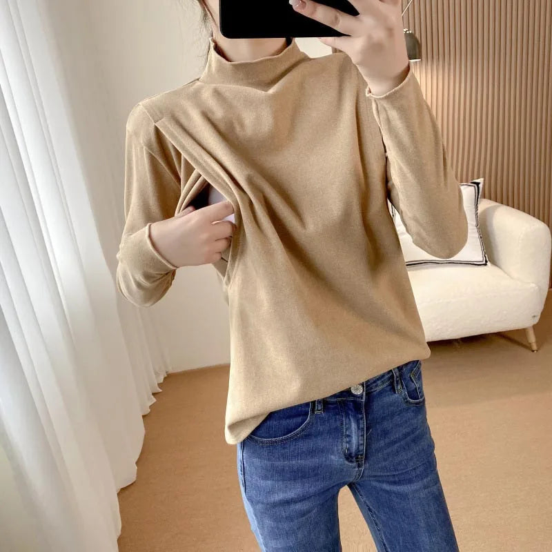 Pregnant Woman Fall/Winter Clothes Warm Solid Color Long Sleeve Maternity Lactation Tops Breastfeeding Knitwear Nursing Tops