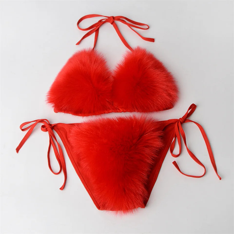 Summer Women Fake Fox Fur Sexy Halter Solid Color Bikini Set Swimsuits Triangle Sexy Bikini Set Faux Fur Swimsuit Plush Swimwear