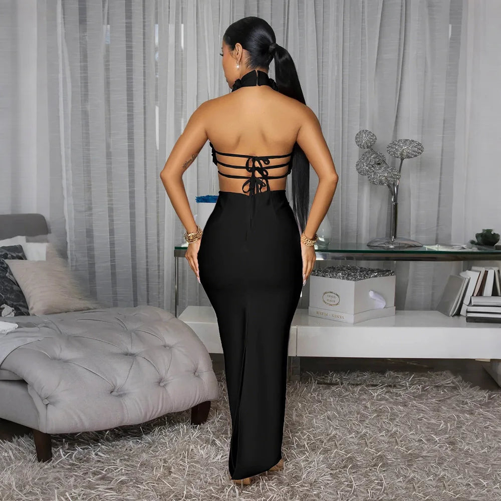 Sister Star Women Dress 2025 Sexy Hottie Solid Color Fresh Hanging Neck Big Flowers Light Luxury Nightclub Party Evening Dresses