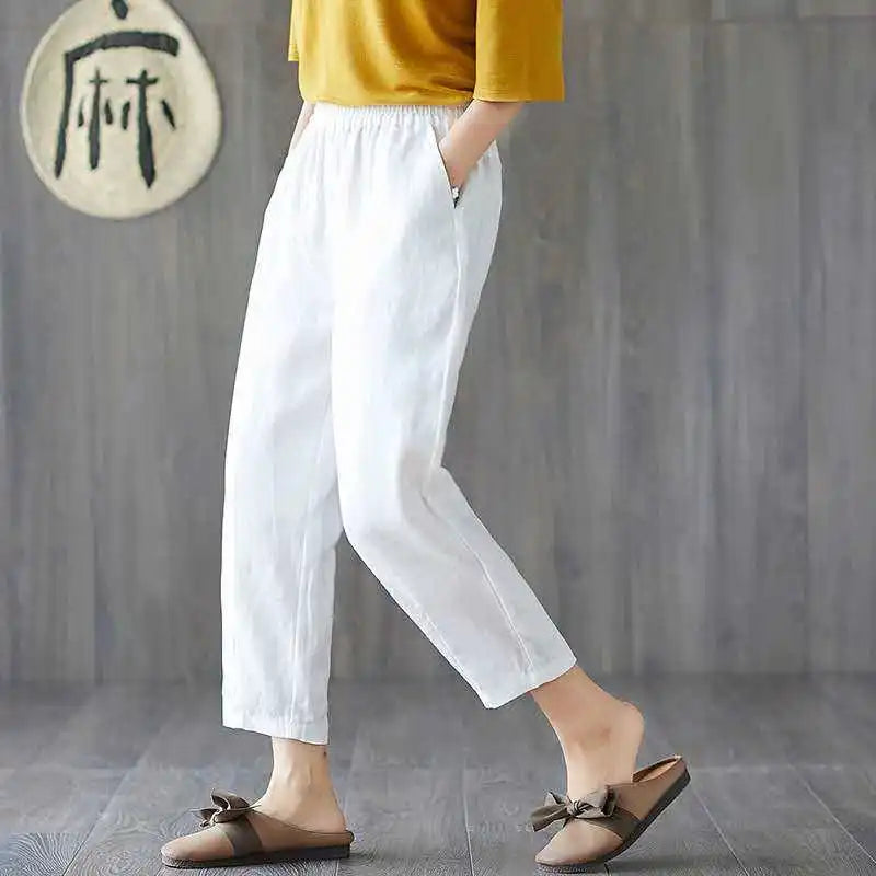 Womens Spring Summer Pants Cotton Linen Solid Elastic waist Candy Colors Harem Trousers Soft high quality for Female ladys M-4XL