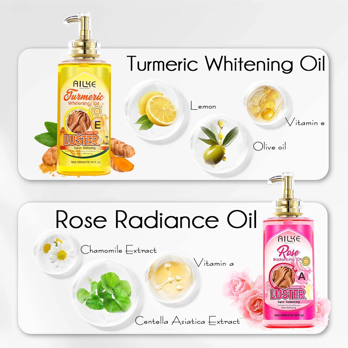 AILKE Whitening Body Oil, Moisturizing, Nourishing, Smooth Skin, Reduce Dark Spots, Suitable For All Skin Types, 300ml