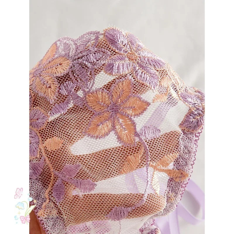 Floral Embroidery Transparent Mesh Bra Brief Sets Ultra Thin Straps Flowers Lace Sexy Lingerie Half Cup Woman Underwear 2025