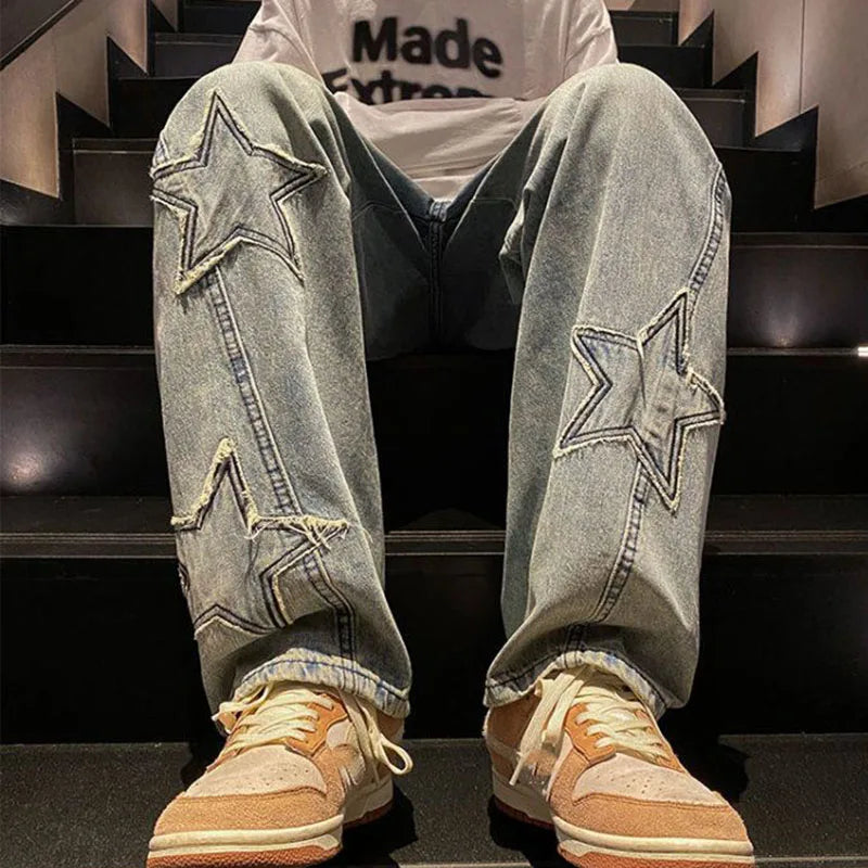 Xpqbb Y2K Vintage Streetwear Jeans Women Harajuku Star Aesthetic Wide Leg Denim Trousers High Waist Unisex Couple Straight Pants