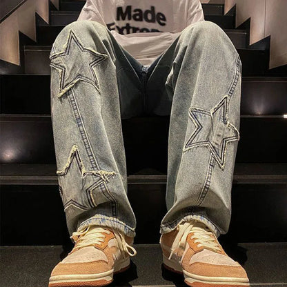 Xpqbb Y2K Vintage Streetwear Jeans Women Harajuku Star Aesthetic Wide Leg Denim Trousers High Waist Unisex Couple Straight Pants