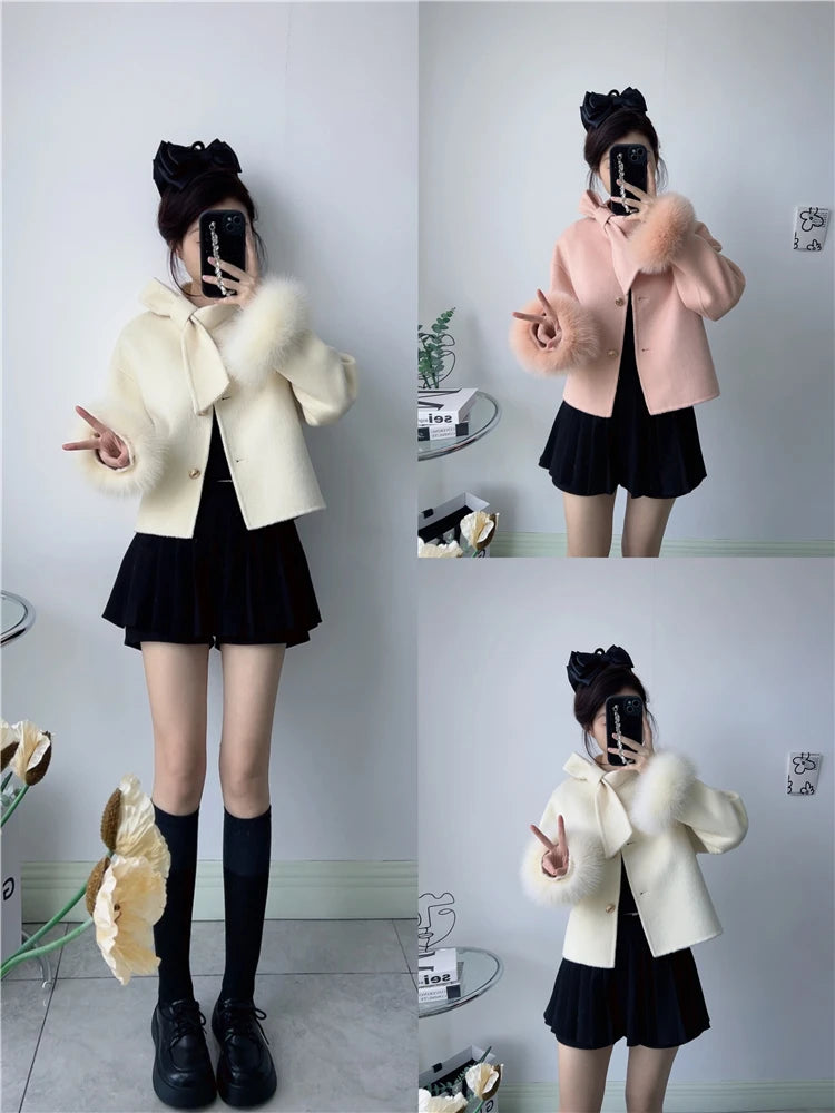 2025 & 2026 New Winter Real Natural Fox Fur Cuff Coat Ladies Outwear Female Coat Cashmere Wool Woolen Women Luxury Jacket