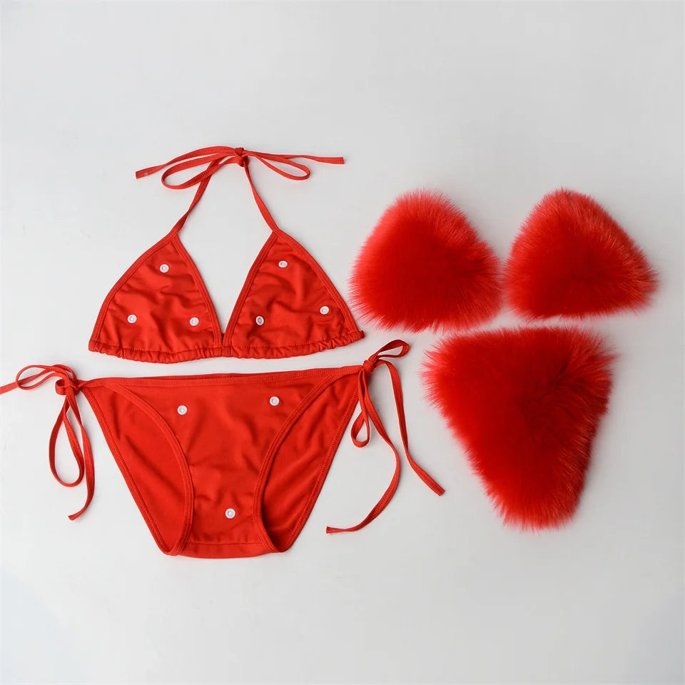Summer Women Fake Fox Fur Sexy Halter Solid Color Bikini Set Swimsuits Triangle Sexy Bikini Set Faux Fur Swimsuit Plush Swimwear