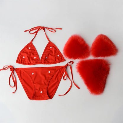 Summer Women Fake Fox Fur Sexy Halter Solid Color Bikini Set Swimsuits Triangle Sexy Bikini Set Faux Fur Swimsuit Plush Swimwear
