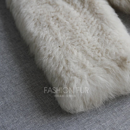 Women Winter Real Rabbit Fur Knitted Coat Female Casual Long Sleeve Genuine Fur Jacket Warm Thick Outwear Femme