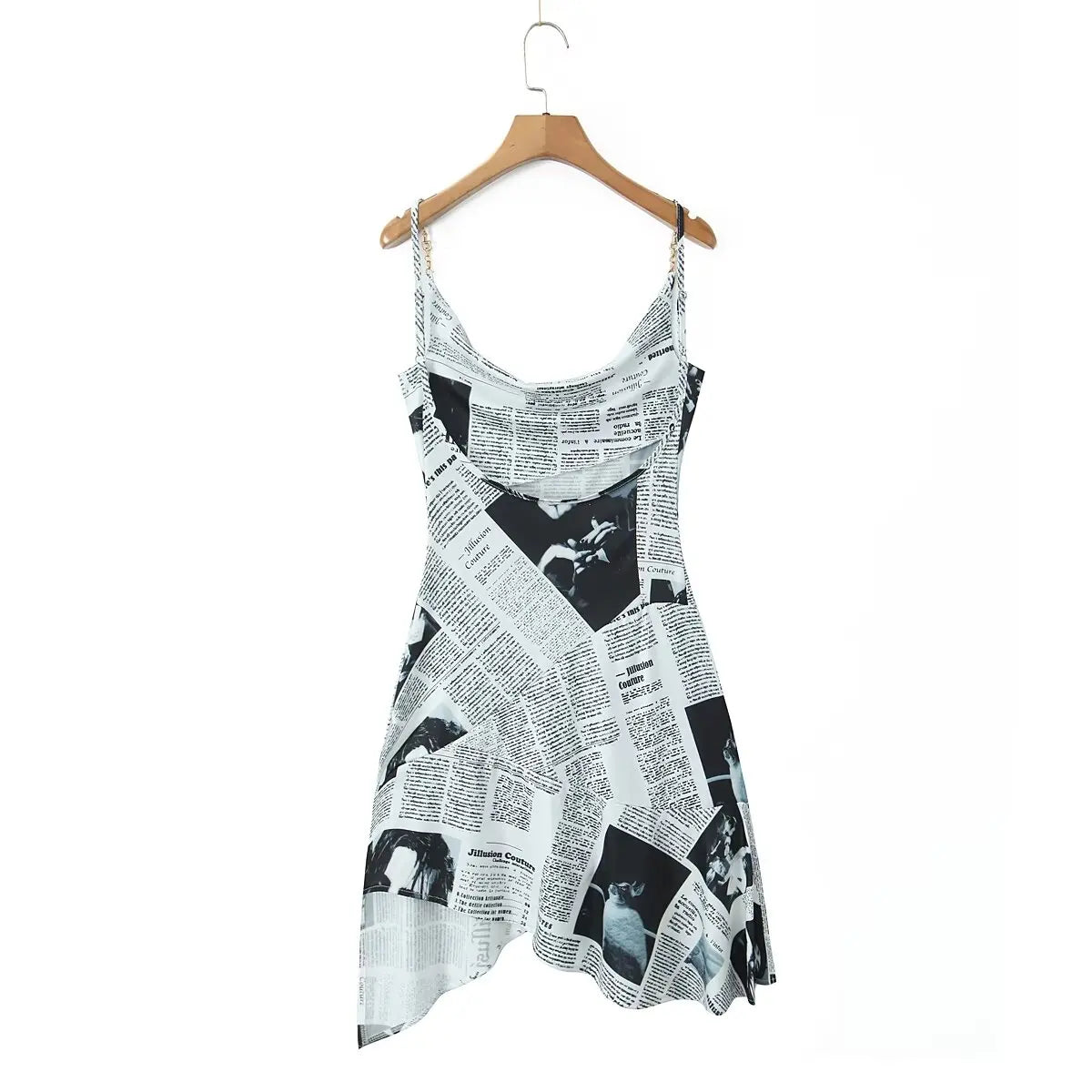 YENKYE New Women Newspaper Letter Print Irregular Hem Sling Dresses Fashion Backless Thin Straps With Chain Summer Sexy Dress