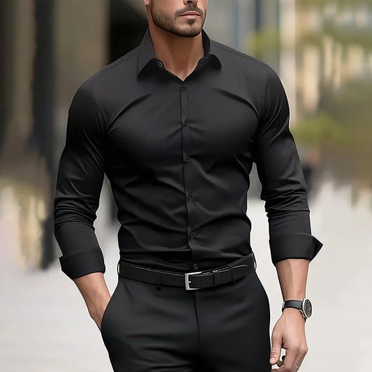 Men's formal shirt solid color wedding outdoor black red navy blue dark green long sleeve lapel summer spring clothing XS-6XL