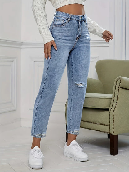 Casual Washed Ripped Jeans for Women Spring and Summer New Fashion Straight Nine Minutes of Pants Women