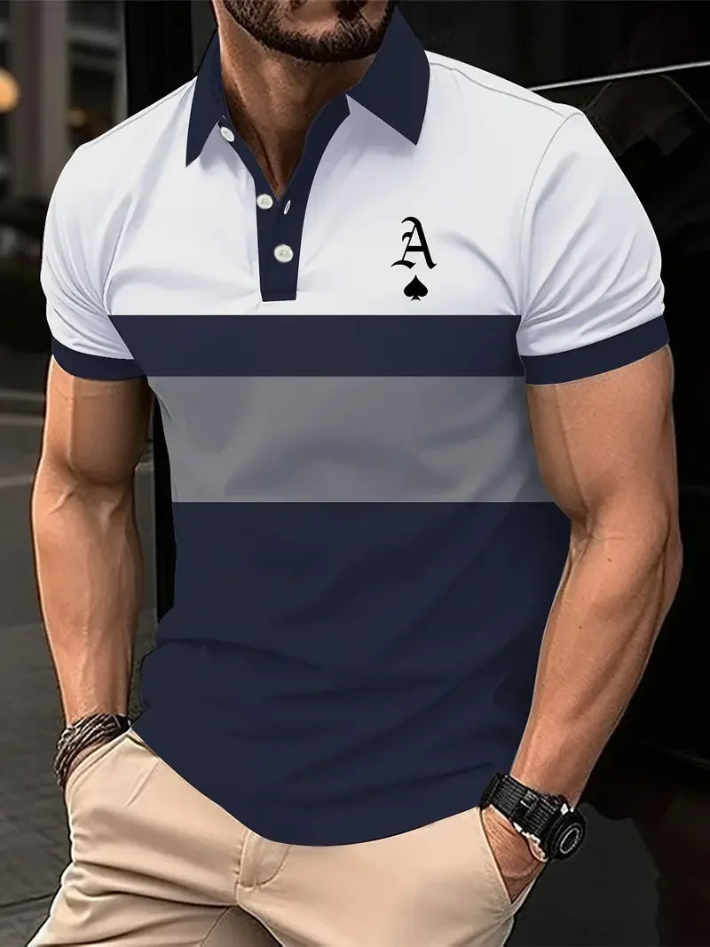 Classic Men's Polo Shirt With Striped Graphic Print Outdoor Casual Short Sleeve Button Top Male Oversized Clothing Golf Polo