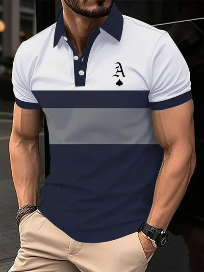 Classic Men's Polo Shirt With Striped Graphic Print Outdoor Casual Short Sleeve Button Top Male Oversized Clothing Golf Polo