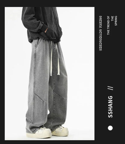2025 Hip-hop Baggy Denim season elastic waist New Korean Men's Jeans American Loose Fit Wide-leg Straight Casual Trousers Street