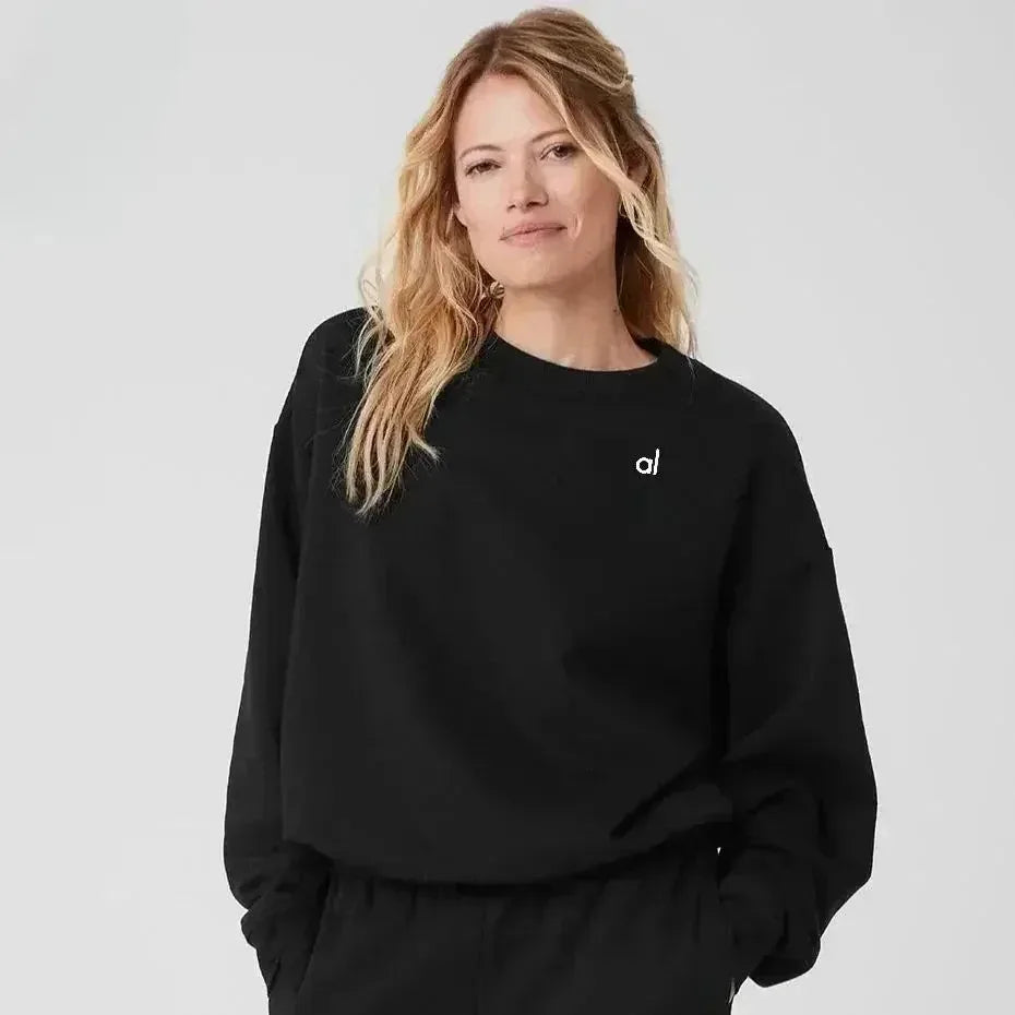Autumn Women's Sweatshirts Casual New Loose Long-sleeved Pullovers Women Solid Color Black Sports Crew-neck Hoodies Gym Tops