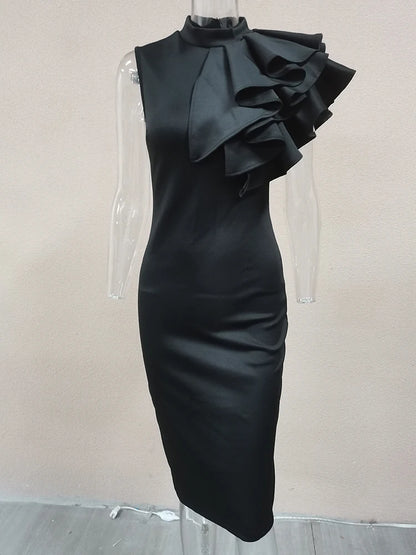 Summer Fashion Bodycon High Neck Sleeveless One Shoulder With Flower Ruffle Elegant Evening Dress