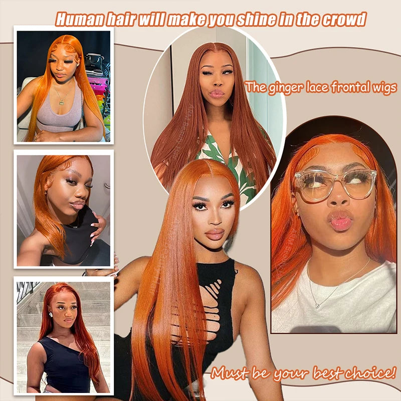 Ginger Human Hair Wig Bone Straight Ginger Orange Lace Front Wig Human Hair Transparent Lace  #350 Colored Wig With Baby Hair