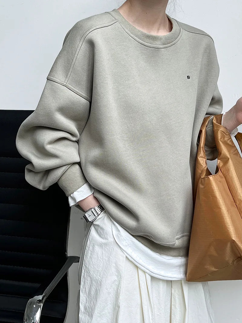 Autumn New Casual Loose Solid Hoodie Women's Embroidered Long Sleeve Top With Velvet