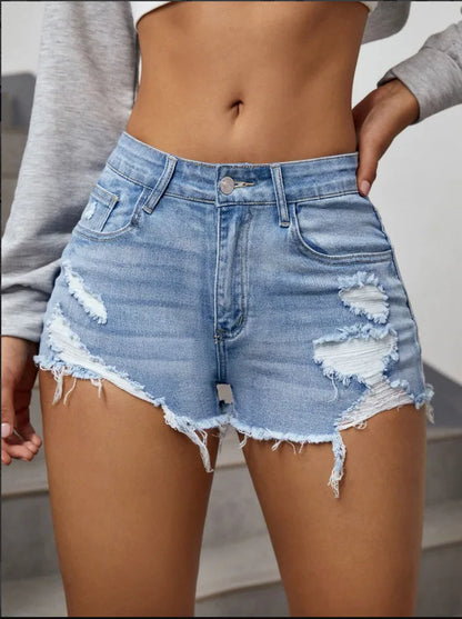 Ripped Raw Denim Shorts For Women Fashion A-line Hem Female Summer Hot Pants Streetwear Blue Clothing Skinny Sexy Retro Leisure