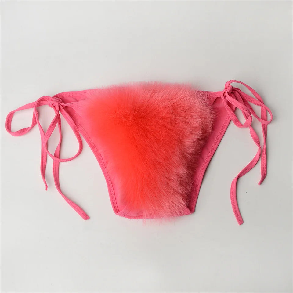 Summer Women Fake Fox Fur Sexy Halter Solid Color Bikini Set Swimsuits Triangle Sexy Bikini Set Faux Fur Swimsuit Plush Swimwear