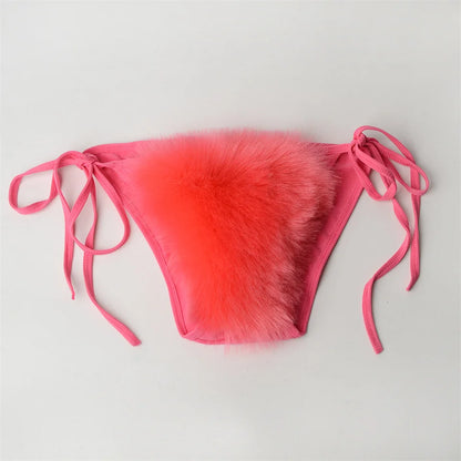 Summer Women Fake Fox Fur Sexy Halter Solid Color Bikini Set Swimsuits Triangle Sexy Bikini Set Faux Fur Swimsuit Plush Swimwear