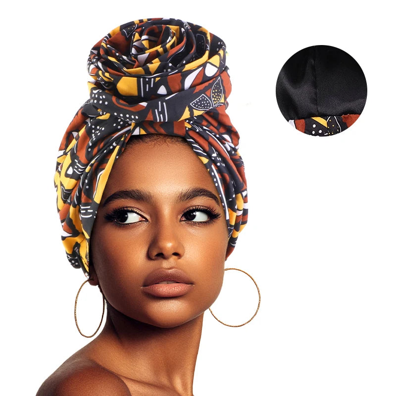 Woman African Satin Lined Turban Cap Big Flower Hat Floral Printed Headwrap Bonnet Muslim Headscarf Ladies Beanies